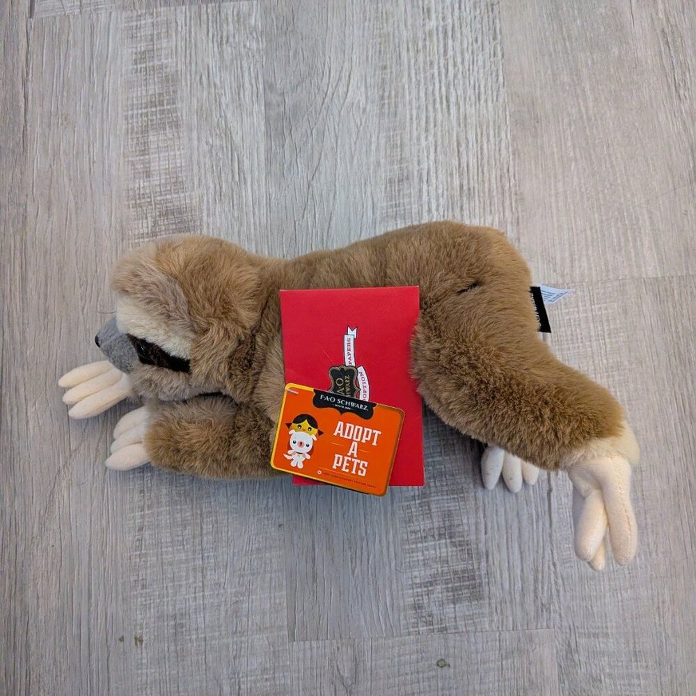 NEW FAO Schwarz Adopt-A-Pets Baby Sloth Stuffed Animal with Adoption Certificate